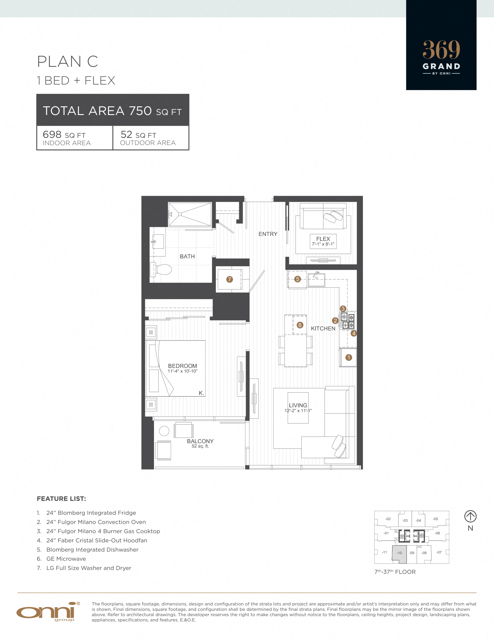 Floor plan for 1 bed, 1 bath, 698 sqft